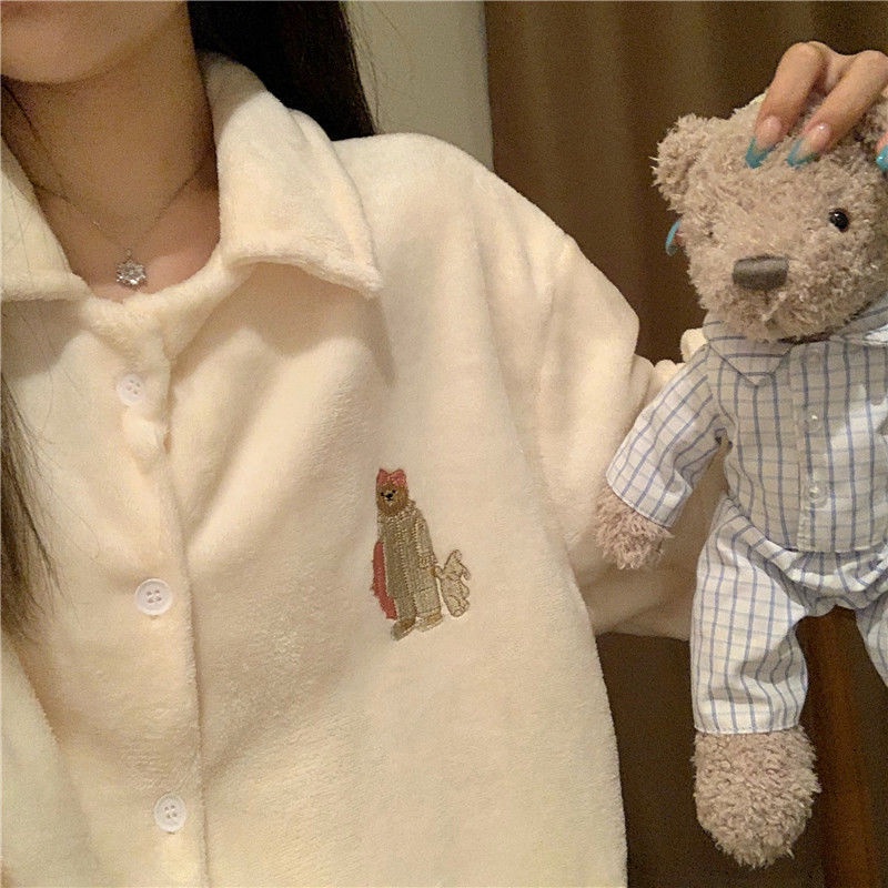 ชุดนอน เสื้อ+กางเกง ชุดนอนฤดูหนาว ฤดูหนาวสักหลาดชุดนอน เสื้อสวมหัวขนแกะปะการังชุดนอน ผู้หญิงหนาการ์ตูนชุดนอน สุภาพสตรี
