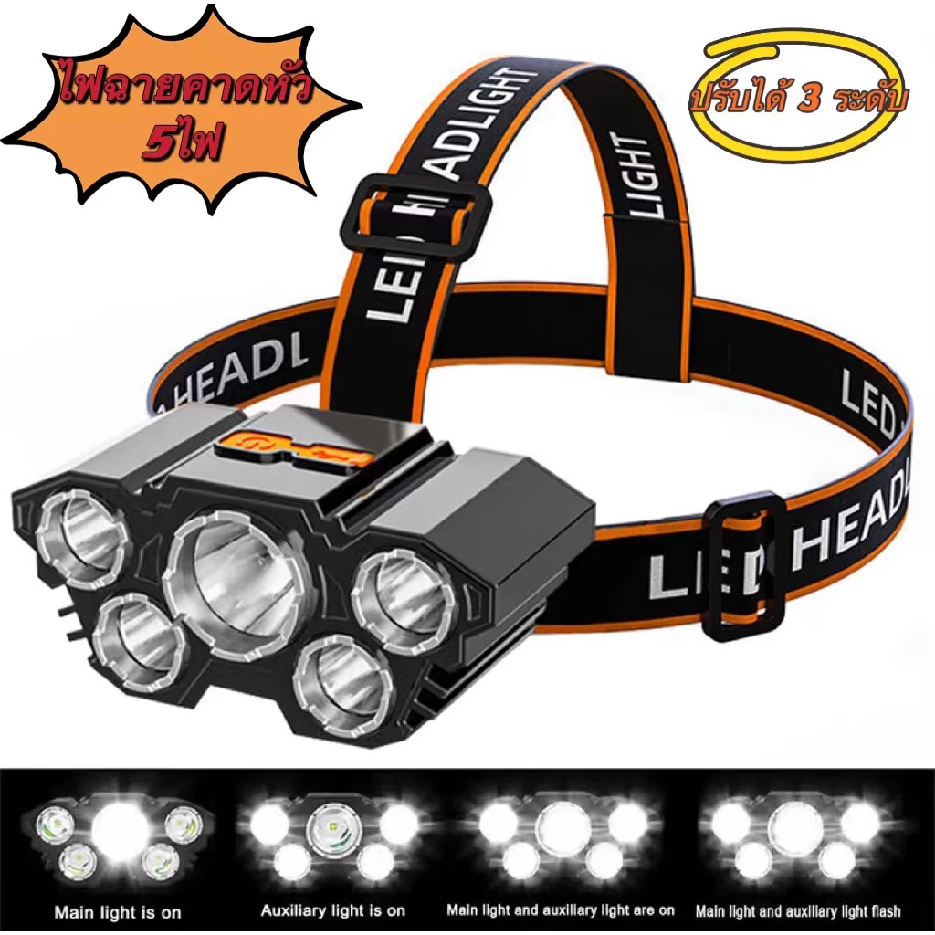 ไฟฉายคาดศีรษะ LED 5 ดวง ชาร์จไฟได้ ปรับได้ 4 ระดับ thumbnail 8