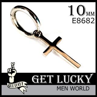 E8682 ตุ้มหูห่วง จิวห่วง GET LUCKY จิวห่วง กางเขน สีดำ เงิน เบอร์ 10mm จิวห่วง เกาหลี ตุ้มหูผู้ชาย