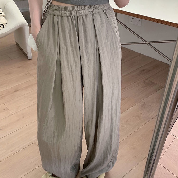 กางเกงขากว้าง จับจีบ ทรงตรง แบบบาง แฟชั่นฤดูร้อน สําหรับผู้หญิง - รูปที่ 4