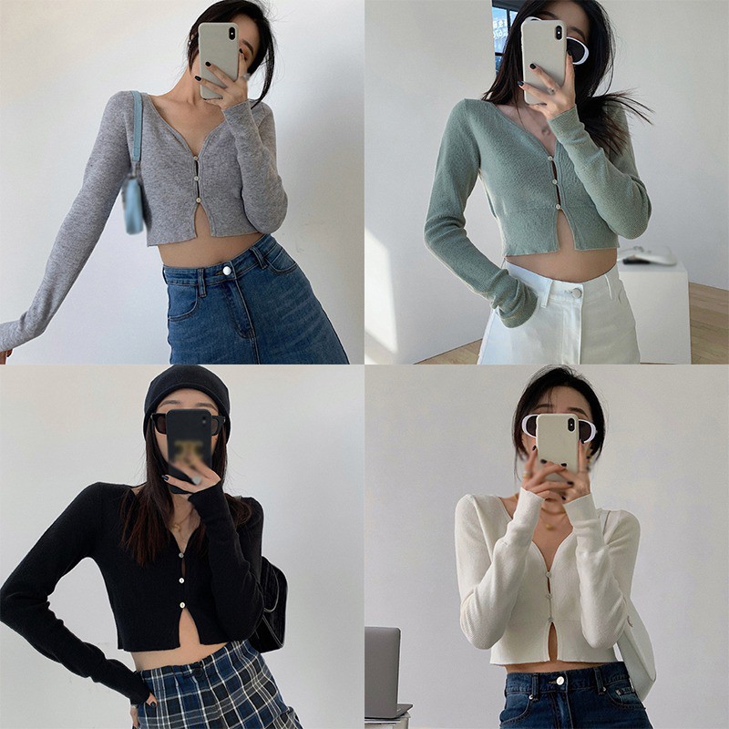 【Cod & Ready Stock】เสื้อคาร์ดิแกนแขนยาวคอวีเซ็กซี่สําหรับผู้หญิง