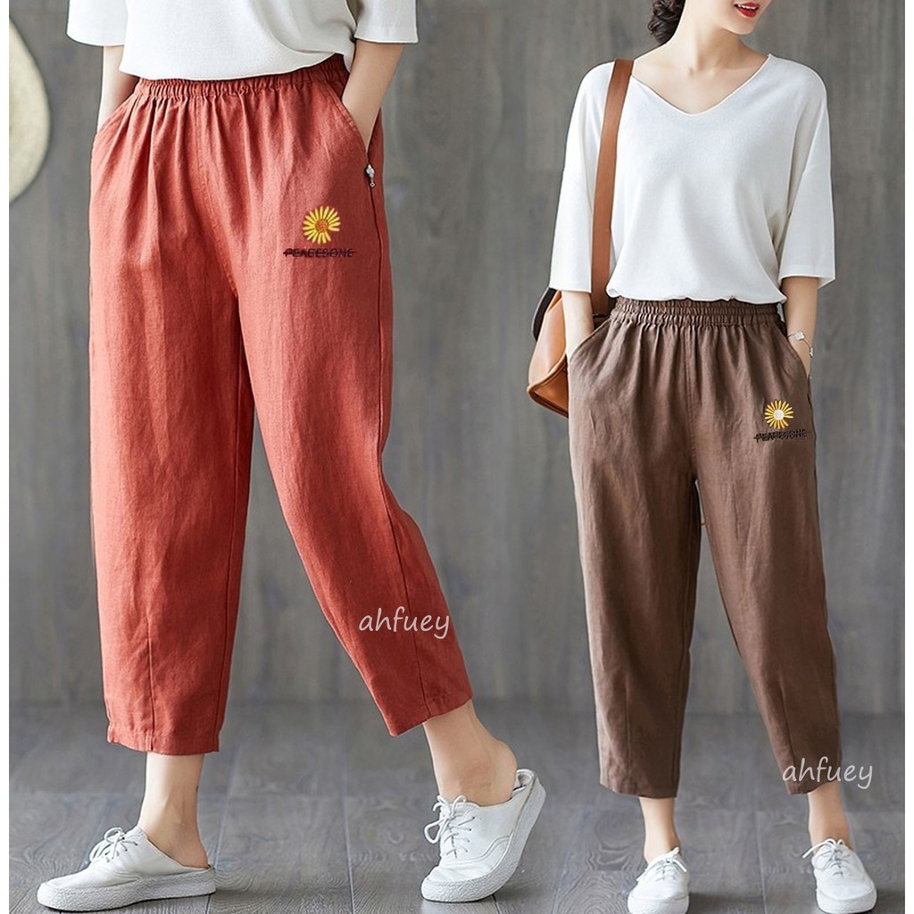 พร้อมส่ง ส่งด่วน กางเกงขายาวผ้าฝ้ายปักดอกเดซี่