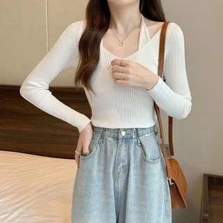 MYGRILSHOPเสื้อถักแขนยาวสายผูกคล้องคอK279-1