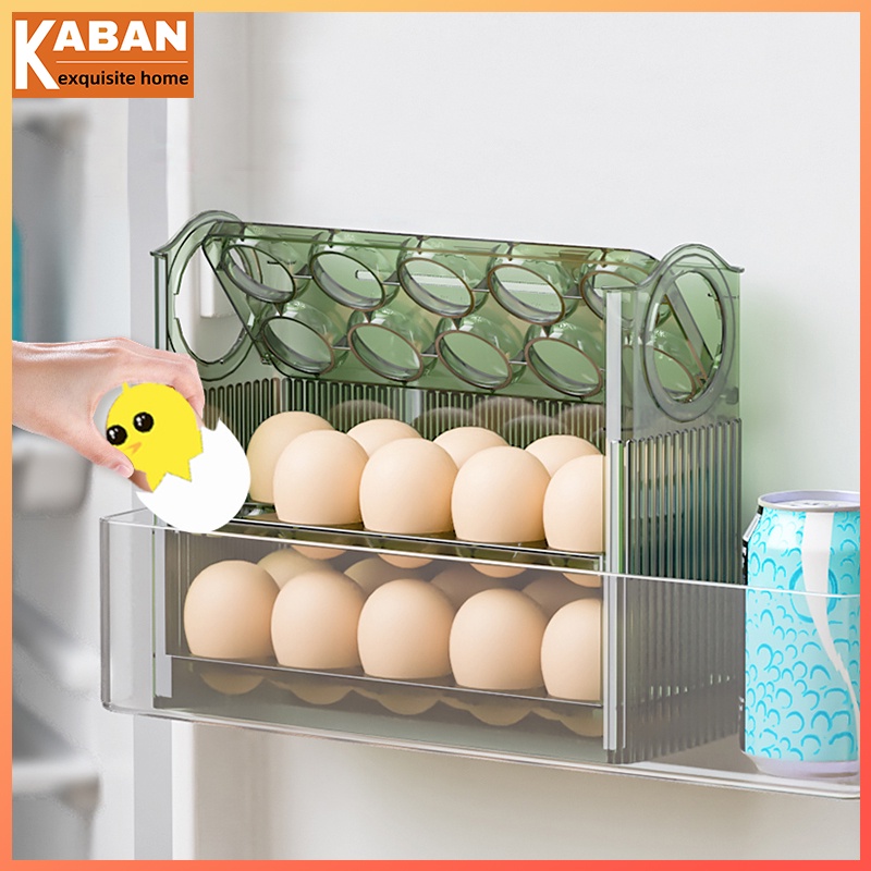 กล่องเก็บไข่ประตูด้านข้างตู้เย็น กล่องเก็บของสดเกรดอาหาร การจัดเก็บตกแต่งพิเศษ กล่องไข่พลิก ถาดไข่ชั้นวางพลาสติกถาดวางไข่ความจุขนาดใหญ่หลายชั้น, กล่องใส่ไข่แบบหล่น, ประหยัดพื้นที่