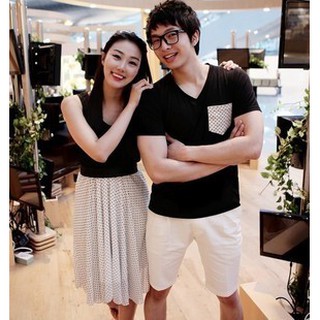พร้อมส่ง เสื้อคู่รัก ชุดเดรสสั้น แฟชั่นกระโปรงชีฟองสไตล์เกาหลี ( ราคาคู่ 2 ตัว )