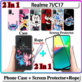 2 IN 1 เคส Realme 7i C17 เคส พร้อมกระจกนิรภัยโค้ง ป้องกันหน้าจอเซรามิค สติทช์ และมินนี่