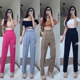 กางเกงขายาว9ส่วนเอวสูงทรงสลิมแต่งเข็มขัดโบว์เพิ่มความเกร๋S-XL