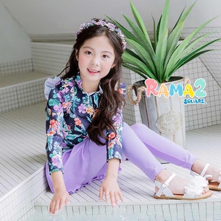 New.สินค้ามาใหม่ ชุดว่ายน้ำลายดอกไม้สีม่วง สีสันสดใส สำหรับเด็ก เซ็ต 2 ชิ้น #5003