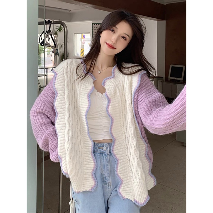 PURPLE RUFFLE CARDI KOREAN CARDIGAN SWEATHER เกาหลีผู้หญิง SWETER PREMIUM KNITTED MATERIAL