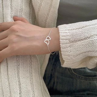 สร้อยข้อมือหัวใจ 2 ดวงคล้องกัน กำไลข้อมือ เครื่องประดับสำหรับผู้หญิง สไตล์เกาหลี B41