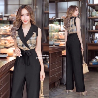 TW17399 Jumpsuit จั้มสูทขายาว แขนกุด คอปก อกแต่งลาย BBR ทรงเชือกผูกเอว งานสุดหรู ทรงเข้ารูปสวย งานน่ารักๆดีไซน์เก๋