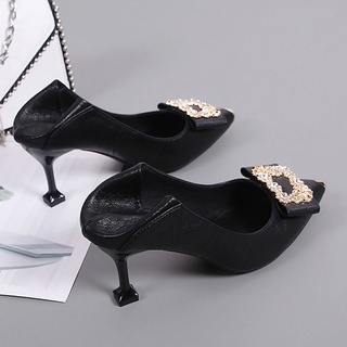 ❒♗rhinestone สีดำหัวเข็มขัดหนังนุ่ม pointed toe รองเท้าผู้หญิงฤดูร้อนรองเท้าส้นสูงผู้หญิง 2021 ฤดูใบไม้ผลิใหม่ stiletto