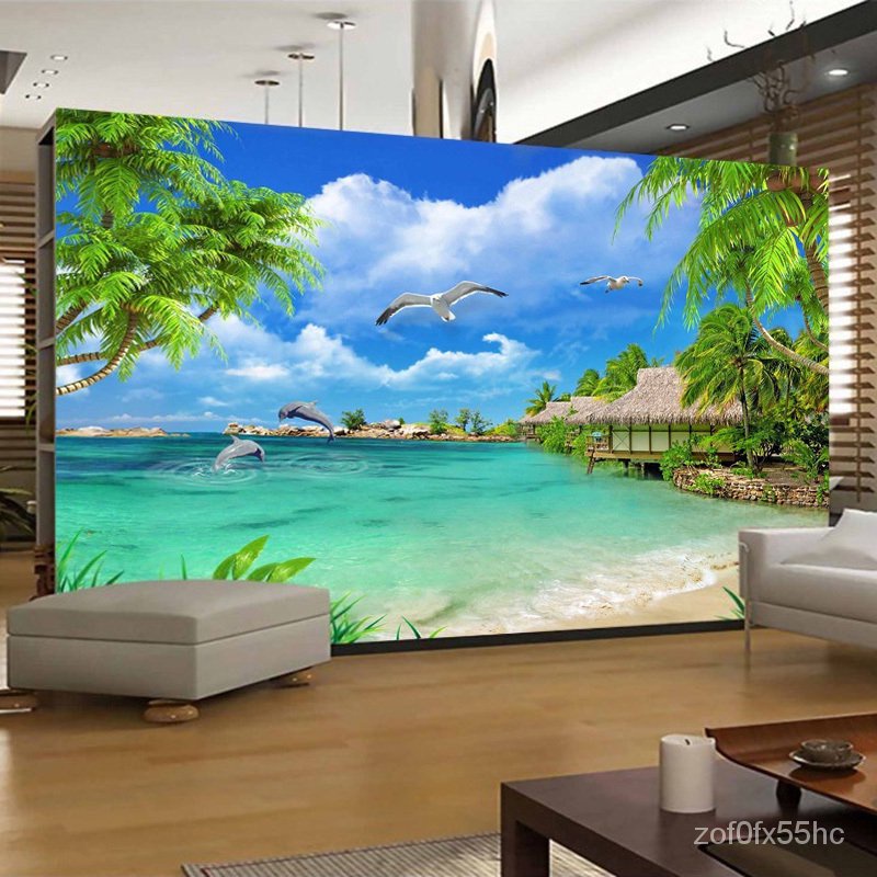 new】3D Photo Wallpaper Beach Sea View Coconut Trees Scenery Wall Painting  Living Room Sofa TV Background Mural Wall Pap | Shopee Thailand