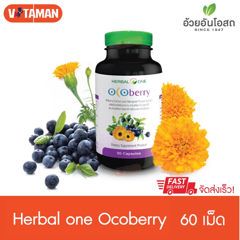 Ocoberry(1กระปุก)60เม็ดHerbal Oneอ้วยอันโอโคเบอร์รี่ สกัดบลูเบอร์รี่และดอกดาวเรือง อย73-1-49541-0029