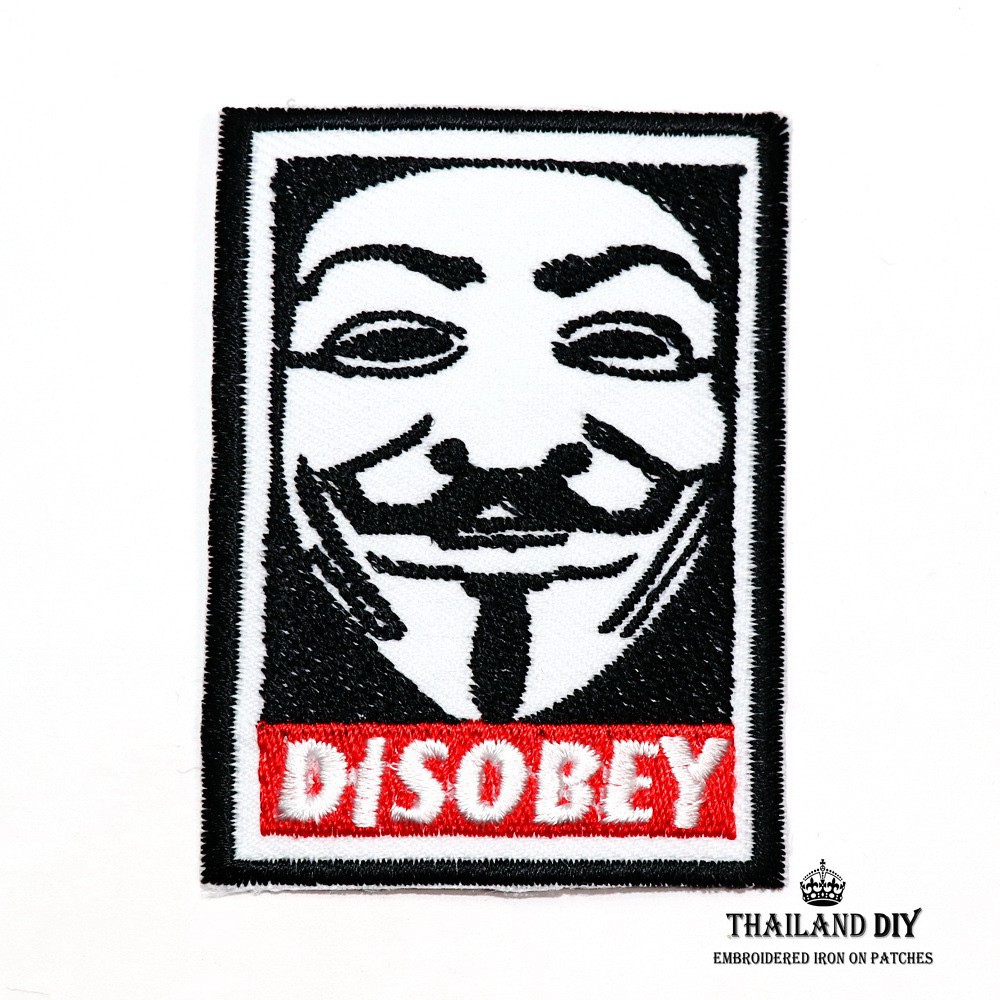 ตัวรีดติดเสื้อ หน้ากาก วี ฟอร์ เวนเดตต้า V for Vendetta mask Disobey Patch สัญลักษณ์ งานปัก DIY ตัวร