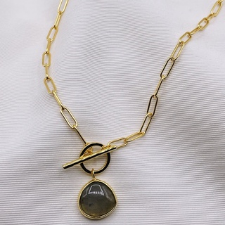 Gold Link Chain Toggle Clasp Necklace With Labradorite Pendant | สร้อยคอ สร้อยคอจี้ เงินแท้ ทองแท้ ชุบทอง 18 กะรัต