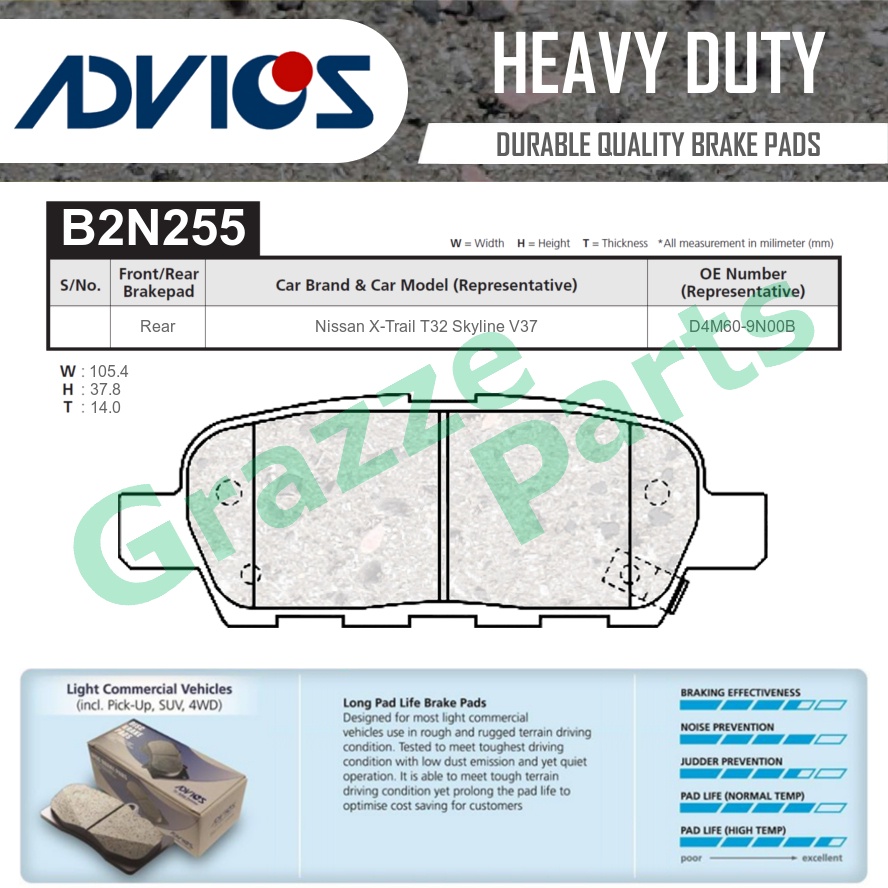 Advics Aisin Heavy Duty Disc เบรค Pad ด้านหลัง B2N255Y สําหรับ Nissan X-Trail XTrail 2.0 2.5 T32 Sky