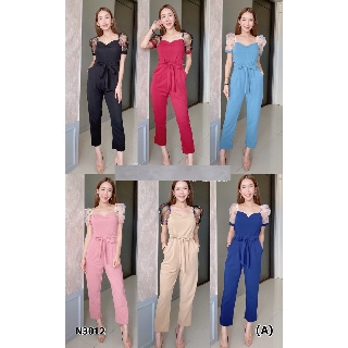 Jumpsuit ชุดกางเกงขายาว แต่งแขนตุ๊กตา ชีฟองปักดอก