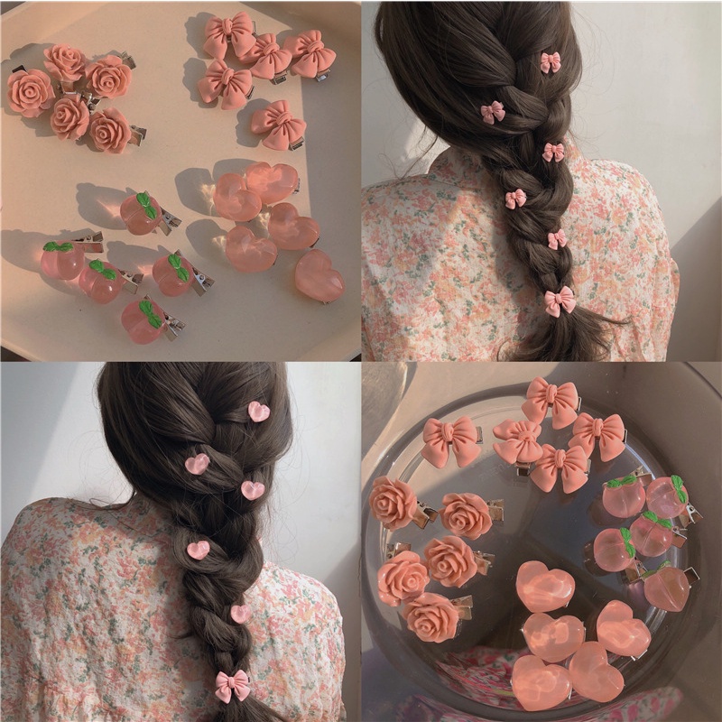 กิ๊บติดผม รูปหัวใจ ดอกคามิเลีย ประดับลูกไม้ สีโปร่งใส สีชมพูหวาน เครื่องประดับ สําหรับผู้หญิง จํานวน 5 ชุด