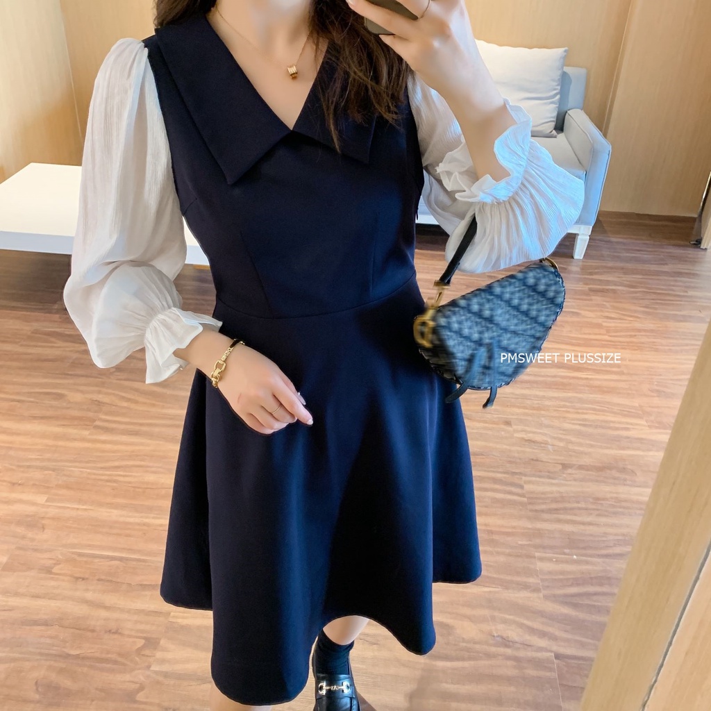 PMSWEET PLUSSIZE : PMP0201 : พร้อมส่ง เสื้อผ้าไซส์ใหญ่ คนอ้วน ชุดเดรสคอปก ชุดเดรสแขนตุ๊กตา ซ่อนซิปข้