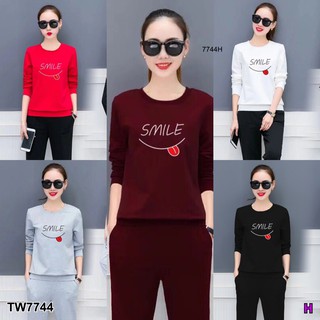 TwinsShopVip💗พร้อมส่ง TW7744  Setเสื้อคอกลมแขนยาว+กางเกงเอวสม้อคขายาว**สอบถามก่อนสั่งซื้อ**