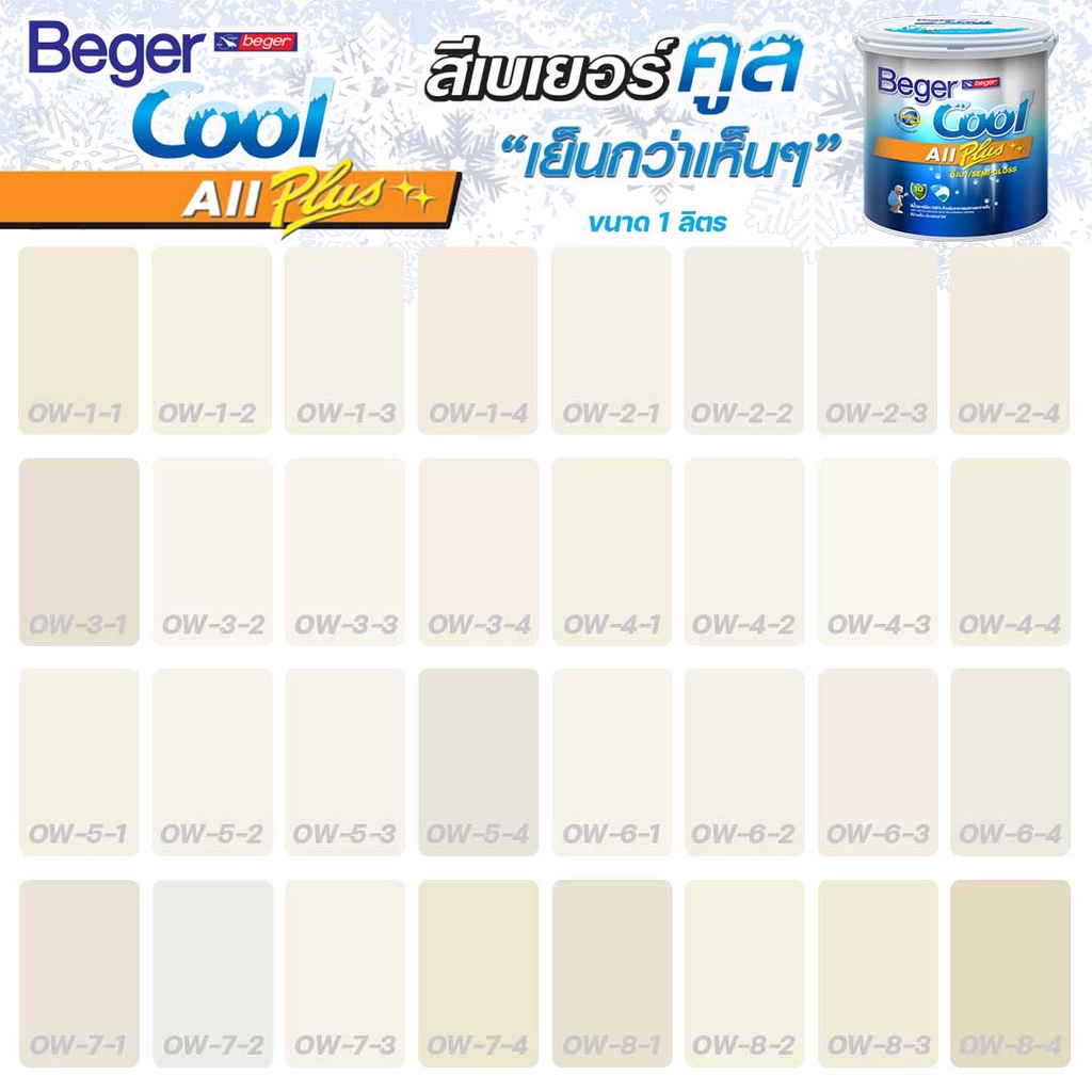 Beger  คูลออลพลัส กึ่งเงา สีครีม ขนาด 1L สีทาบ้าน สีบ้านเย็น สีเบเยอร์  เกรด 10ปี เช็ดล้างทำความสะอาดได้ สามารถผสมตามรหัสสีเบเยอร์ได้ทุกสี ร้านสีบ้านสบาย