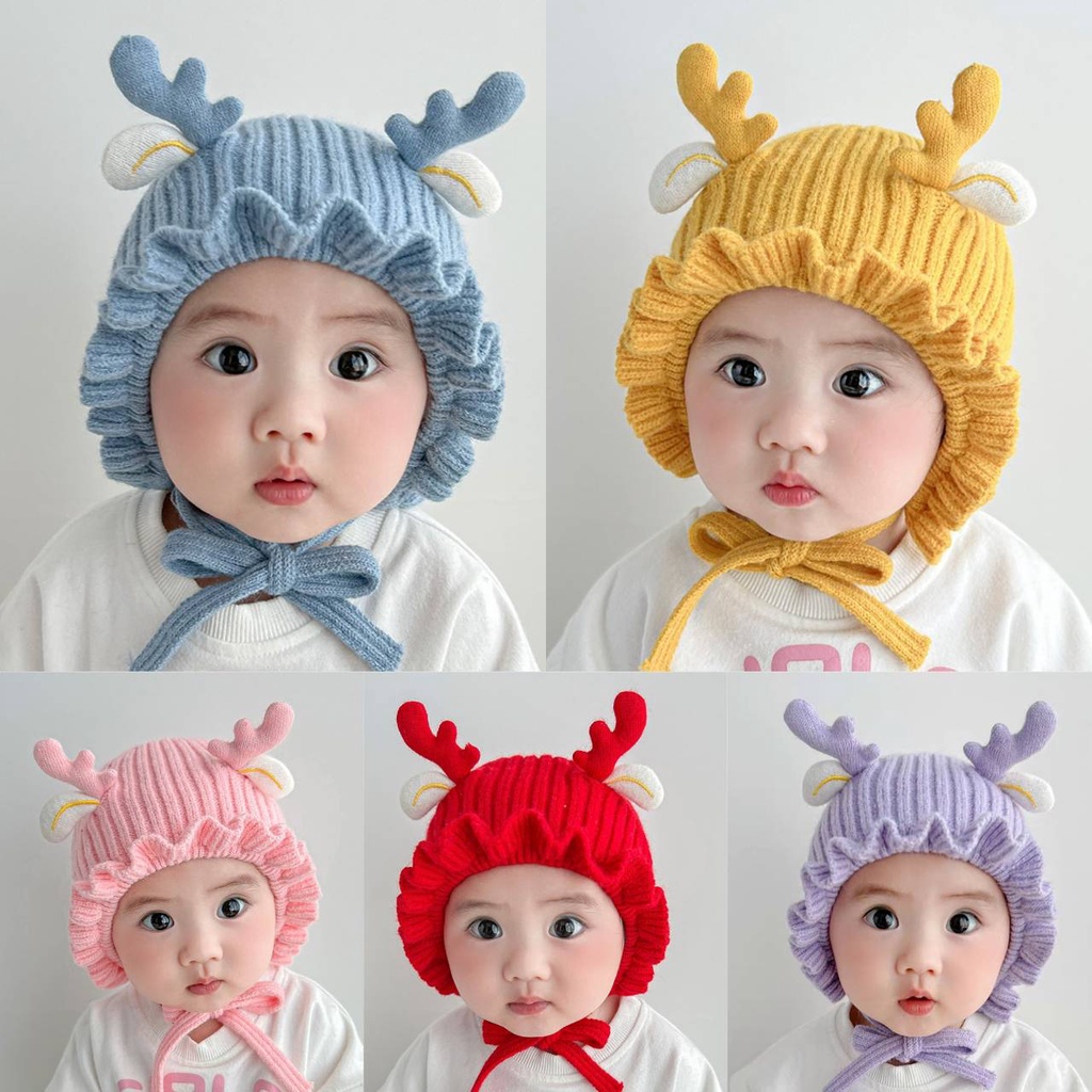 [พร้อมส่ง] หมวกเด็ก 2เดือน-2ปี รอบหัว:40-50 cm. หมวกไหมพรมแบบผูกคาง แต่งเขากวาง ชายระบายน่ารักๆ