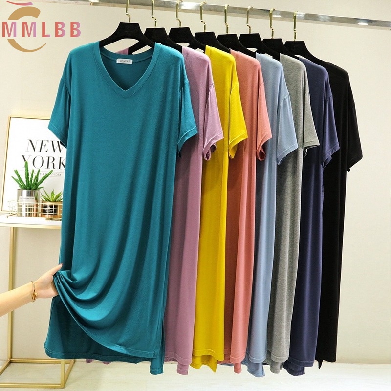 ผู้หญิง Modal หลวมชุดธรรมดา V คอแขนสั้นชุดยาว casual Night สวมใส่ 2025 ฤดูร้อน L-2XL