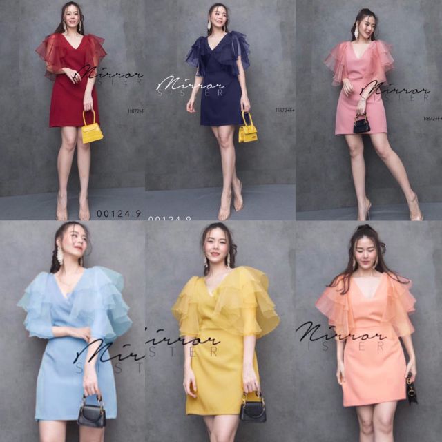 ชุดเดรสออกงาน เดรสสั้น แขนระบาย ชุดเพื่อนเจ้าสาว เสื้อผ้าแฟชั่น ชุดไปงานแต่ง 11872