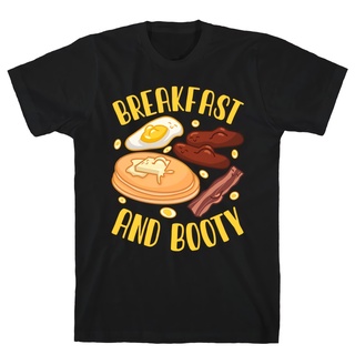 เสื้อยืด ลาย P1 Breakfast And Booty Bacon Pancake Egg Food Art Quotes ของขวัญ สีดํา