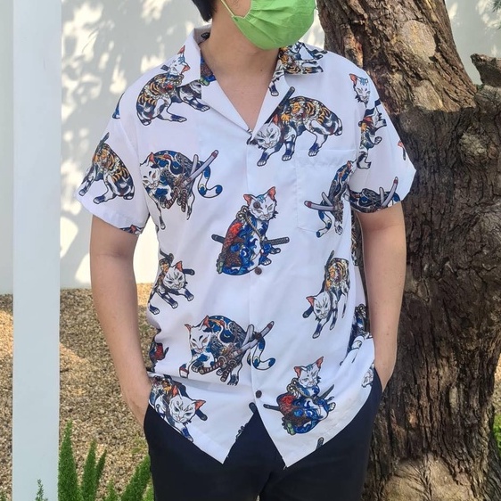 WADNS1 ลดทันที 20% เสื้อฮาวายลายแมวญี่ปุ่น กระดุมกะลาตัดต่อลาย มีกระเป๋าหน้าต่อลาย