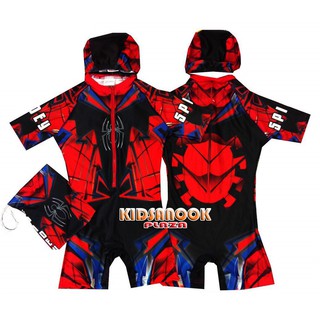 [แท้]SP1561 ชุดว่ายน้ำ Spiderman ชุดว่ายน้ำบอดี้สูทแขนสั้น + หมวก + ถุงผ้า (สำหรับเด็กอายุประมาณ 3-9 ปี)