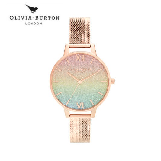 Olivia Burton Women's Watch Rainbow Glitter Dial Rose Gold Mesh Watch OB16RB18 XWLk