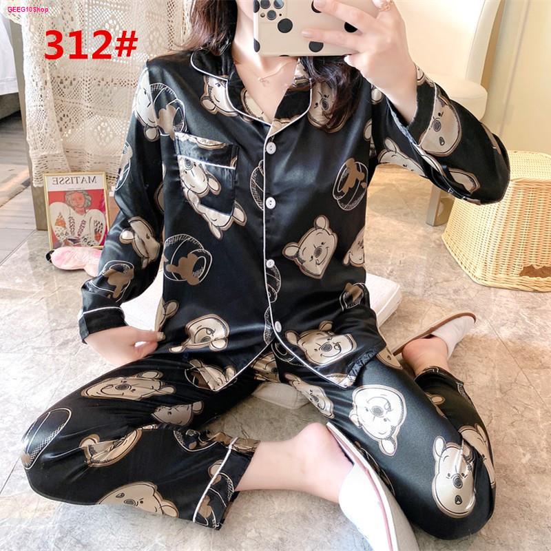 [พร้อมส่ง] ชุดนอนซาติน ชุดนอนแฟชั่น ชุดนอนแขนยาวขายาว ผ้าซาติน พิมพ์ลาย ...