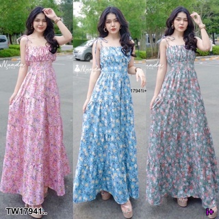 PE17941 Dress เดรสผูกไหล่ลายดอก สม็อกหลัง