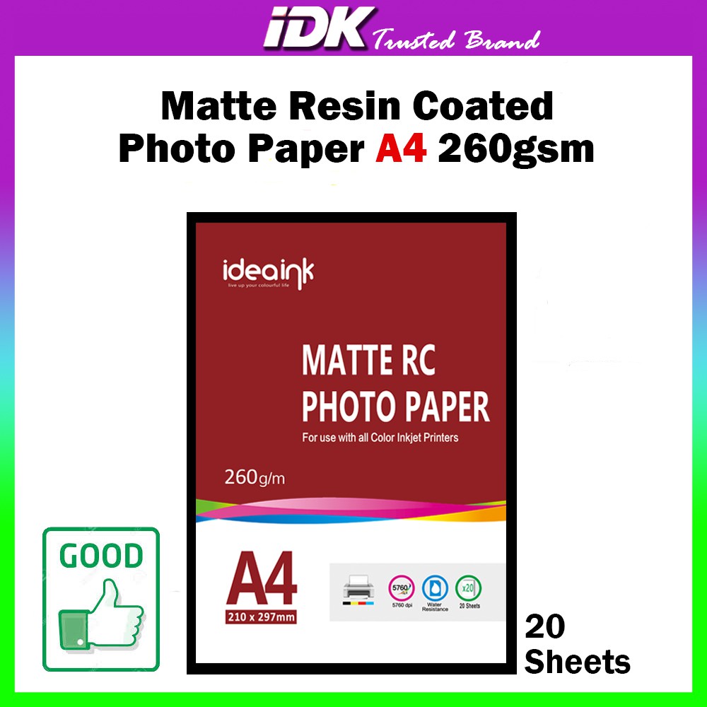 A4 Matte / Glossy RC (เคลือบเรซิ่น} กระดาษภาพถ่าย 260gsm 260g 20 แผ่นสําหรับอิงค์เจ็ท