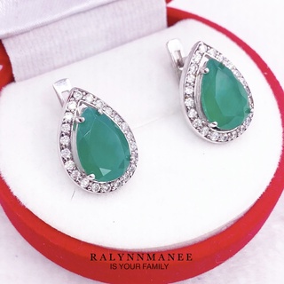 Q6412 ต่างหูพลอยโมราแท้ ( Chrysoprase ) แบบอิงลิชล็อค ตัวเรือนเงินแท้ 925 ชุบทองคำขาว