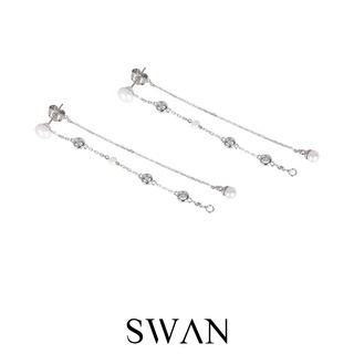 SWAN - Mia Pearl Double Chain Earring ต่างหูโซ่ยาวประดับมุกเงินแท้ มุกน้ำจืดฝังเพชรคิวบิกเซอร์โคเนีย cubic zirconia