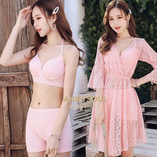 เซ็ท 3 ชิ้น ชุดว่ายน้ำแฟชั่น bikini/บิกินี สีชมพู รุ่น668090 ชุดเดินชายหาด