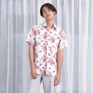 Mr.693 เสื้อเชิ้ตผู้ชายแขนสั้น ลายดอก Linen Pink Floral สีชมพูพื้นขาว