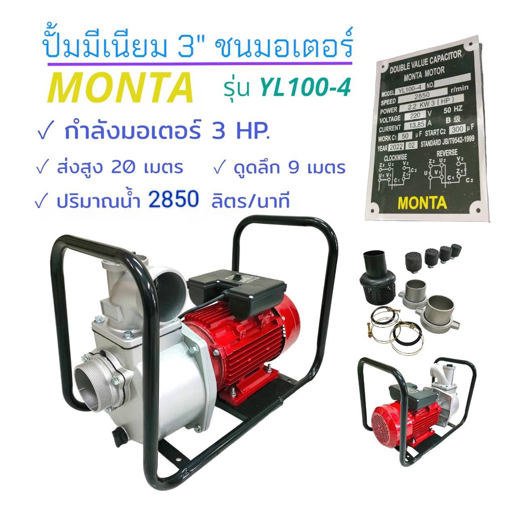 ปั๊มมีเนียม 3" ชนมอเตอร์ MONTA รุ่น YC100L-4 พร้อมโครง (03-0217)