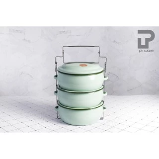 ปิ่นโต ปิ่นโตทรงโอ่ง ปิ่นโตเคลือบ ทรงบุษบา 14cm x 3ชั้น ตรานกเพนกวิน