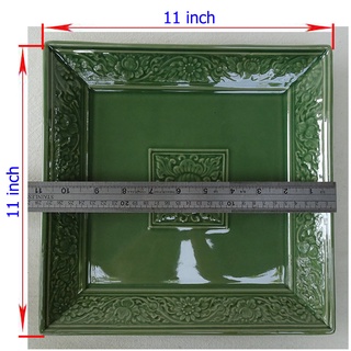 จาน สีเขียว สี่เหลี่ยม 11x11นิ้ว,ลายไทย,จานสเต็ก,จานบุฟเฟ่,ถาดเซรามิค,จานรอง,จานของหวาน,จานขนมไทย,จานอาหาร,จานสลัด