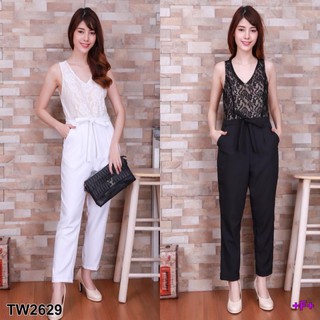 SS2629 Jumpsuit จั้มลูกไม้ตัดต่อกางเกงขายาว