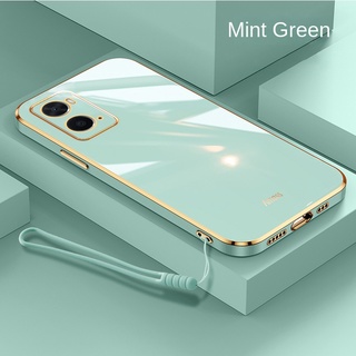 Oppo A76 A95 A96 A16 ขอบสี่เหลี่ยม หรูหรา ชุบ ด้านหลัง TPU เคสนิ่ม พร้อมสายคล้อง เคสเคลือบเงา