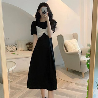 💖Allure dress💖กระโปรงภาษาฝรั่งเศสคำชุดฤดูร้อนของผู้หญิงปี 2022 ใหม่แขนพัฟโบว์เอวบางปริ๊นเซลิตเติ้ลเดรสสีดำ