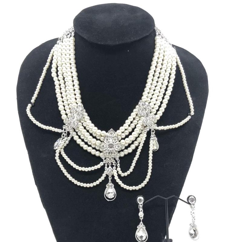 Vintage jewelry สร้อยคอไข่มุกฝ่ายเจ้าสาวย้อนยุคมุกเทียมเพชรต่างหูสร้อยคอชุดPearl necklace set - รูปที่ 6