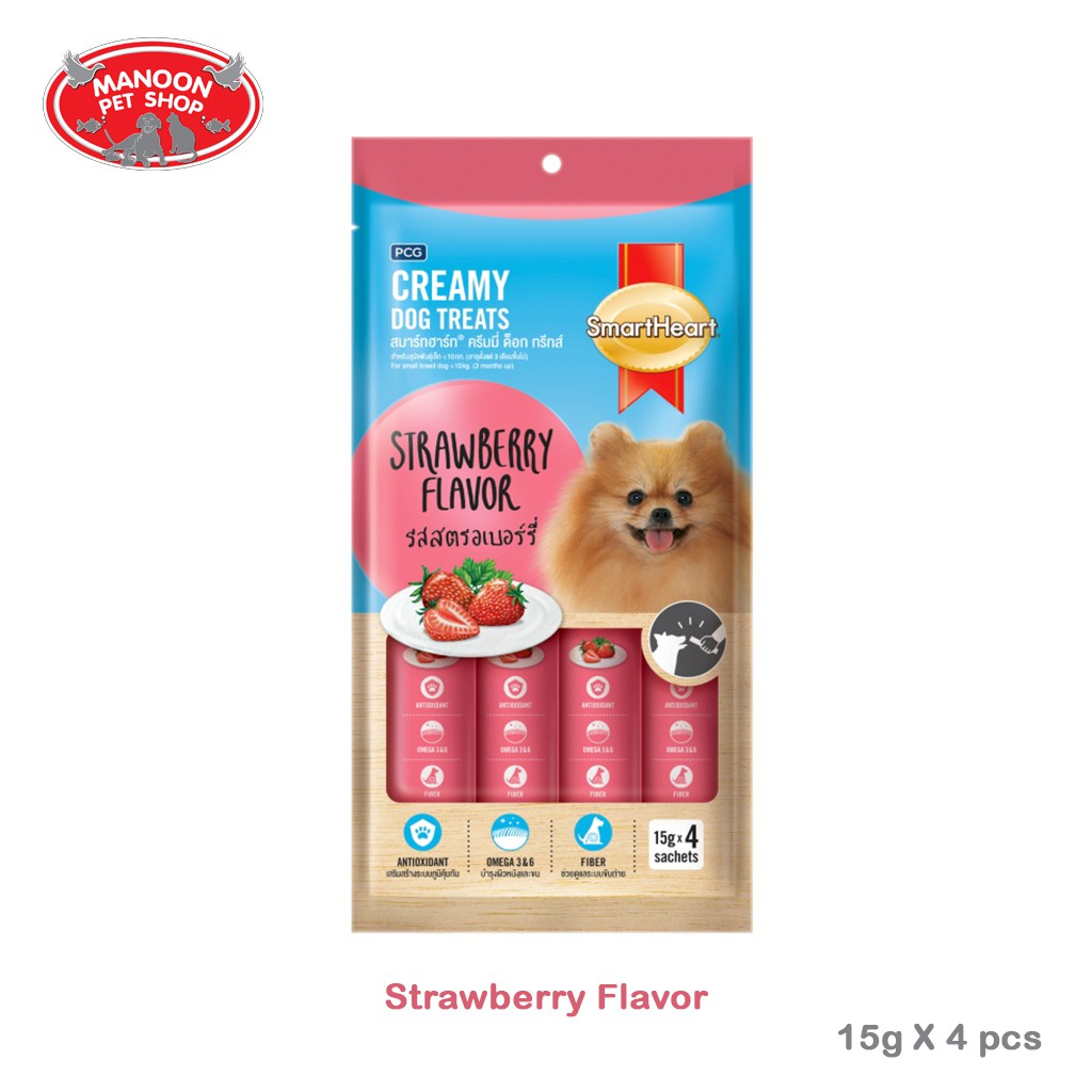 สินค้ารวมส่งฟรี ⚡ [MANOON] Smart Heart Creamy Dog Treats 15gX4pcs สำหรับสุนัขพันธุ์เล็กน้ำหนักไม่เกิน 10 กก. ❤️ สตรอเบอรี่ COD.เก็บเงินปลายทาง