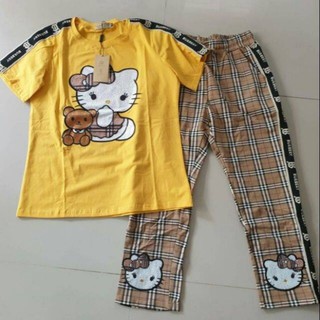 👕👖ชุดเซทผ้าเด้ง💎ปักเพชร Kitty Burberry XL เหลือง