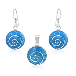 Sterling Silver Spiral Design Turquoise Blue Round Pendant and Earrings Set ต่างหูพร้อมจี้รูปวงกลมสีฟ้ารูปก้นห้อย